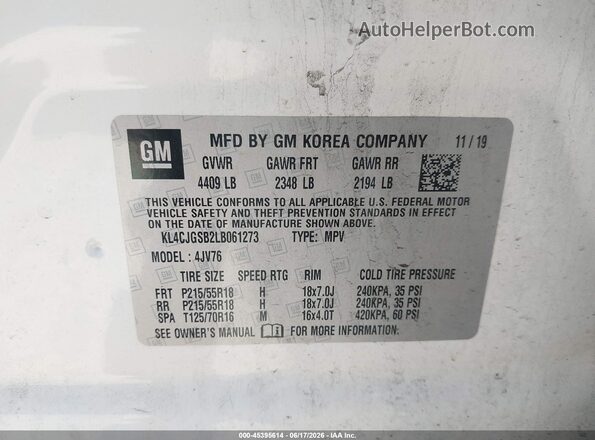 KL4CJGSB2LB061273 2020 BUICK ENCORE White ძრავის განყოფილების ხედი