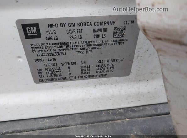 KL4CJGSB8LB069927 2020 BUICK ENCORE White Engine compartment view