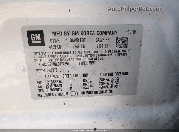 KL4CJGSM8KB774596 2019 BUICK ENCORE Silver ძრავის განყოფილების ხედი