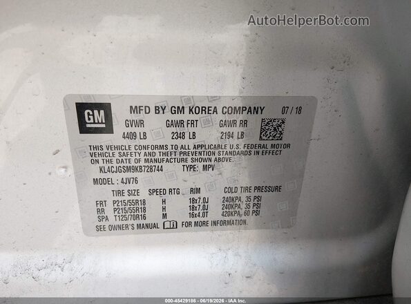 KL4CJGSM9KB728744 2019 BUICK ENCORE Silver Engine compartment view