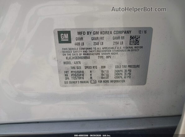 KL4CJHSB3HB098944 2017 BUICK ENCORE White Engine compartment view