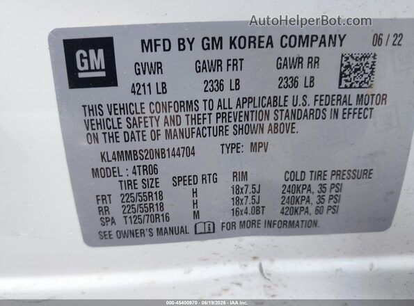 KL4MMBS20NB144704 2022 BUICK ENCORE White ძრავის განყოფილების ხედი