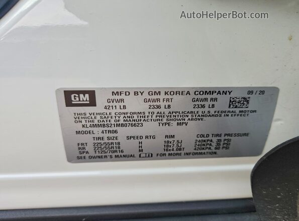 KL4MMBS21MB076623 2021 BUICK ENCORE White VIN sticker view