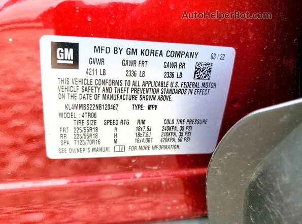 KL4MMBS22NB120467 2022 BUICK ENCORE Red VIN կոդի պիտակի տեսք