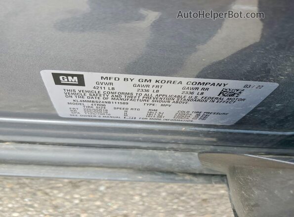 KL4MMBS24NB111589 2022 BUICK ENCORE Gray VIN კოდის სტიკერის ხედი