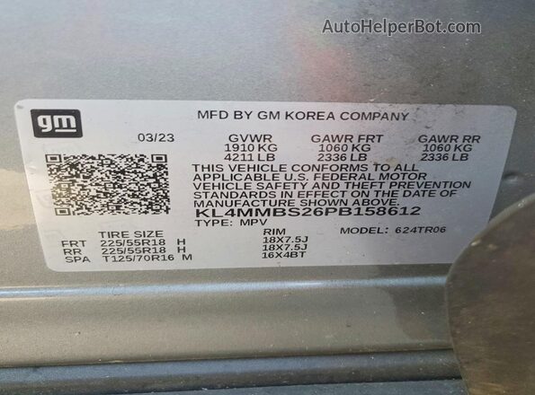 KL4MMBS26PB158612 2023 BUICK ENCORE Silver VIN sticker view