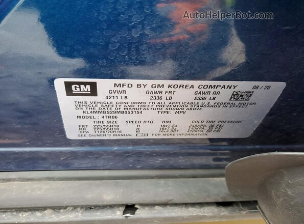 KL4MMBS29MB053154 2021 BUICK ENCORE Blue VIN sticker view