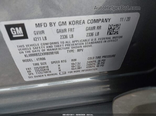 KL4MMBS2XMB098166 2021 BUICK ENCORE Blue Engine compartment view