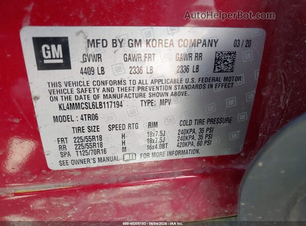 KL4MMCSL6LB117194 2020 BUICK ENCORE Maroon Вид підкапотного простору