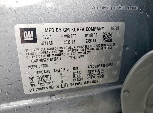 KL4MMDS26LB130217 2020 BUICK ENCORE Gray Widok naklejki z numerem VIN
