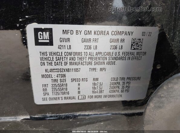 KL4MMDS2XNB111057 2022 BUICK ENCORE Black Շարժիչի բաժամունքի տեսք