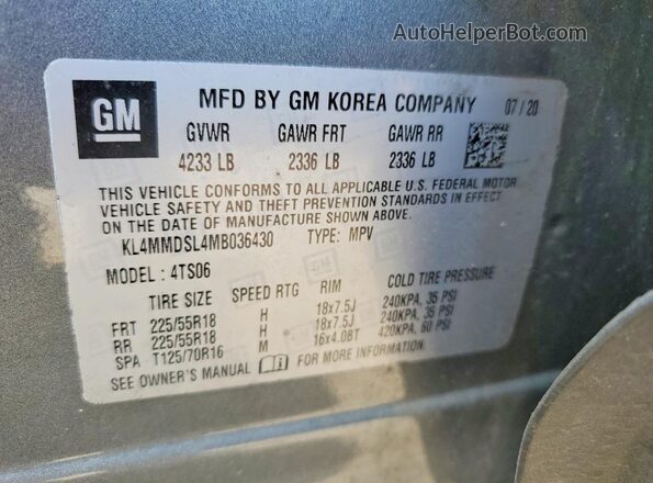 KL4MMDSL4MB036430 2021 BUICK ENCORE Gray VIN კოდის სტიკერის ხედი