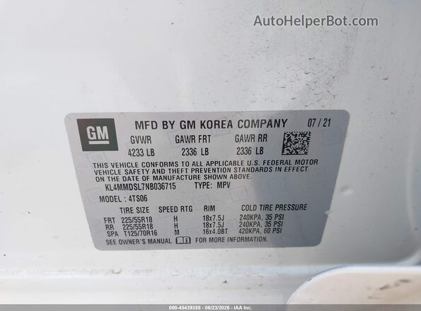 KL4MMDSL7NB036715 2022 BUICK ENCORE White ძრავის განყოფილების ხედი
