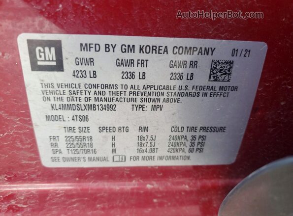 KL4MMDSLXMB134992 2021 BUICK ENCORE Maroon VIN sticker view