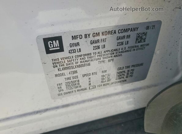 KL4MMDSLXNB059146 2022 BUICK ENCORE White VIN კოდის სტიკერის ხედი