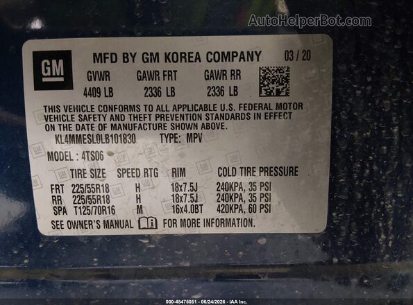 KL4MMESL0LB101830 2020 BUICK ENCORE Blue Vista del compartimento del motor