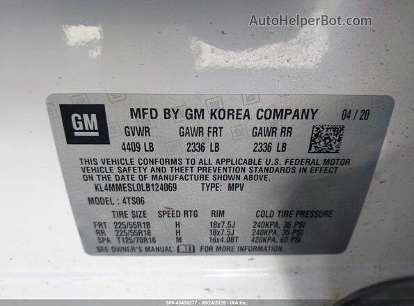 KL4MMESL0LB124069 2020 BUICK ENCORE White ძრავის განყოფილების ხედი