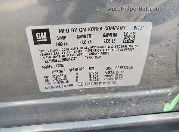 KL4MMESL3NB044347 2022 BUICK ENCORE Gray Вид наклейки з VIN-кодом