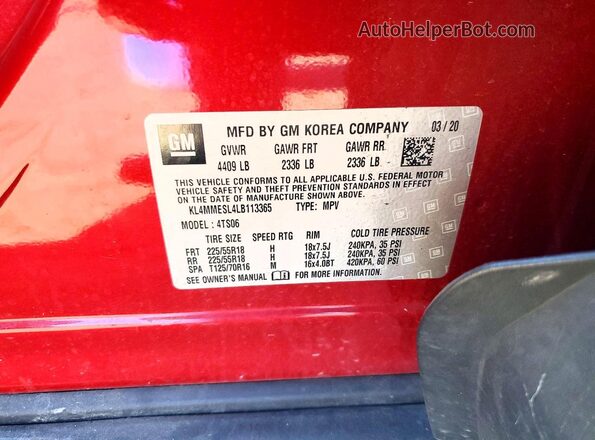 KL4MMESL4LB113365 2020 BUICK ENCORE Red 