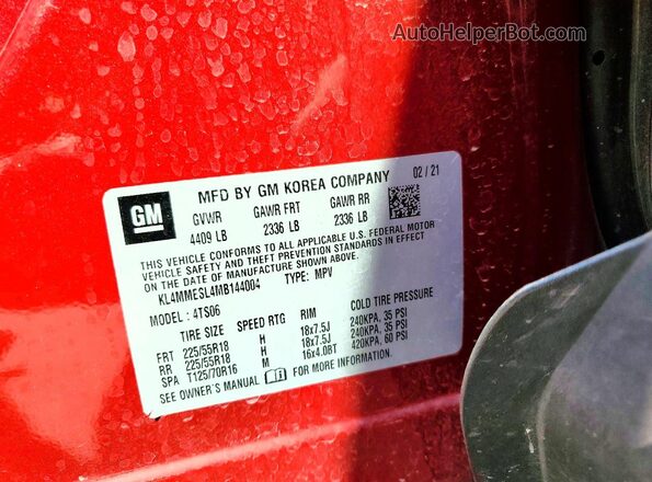 KL4MMESL4MB144004 2021 BUICK ENCORE Red VIN sticker view