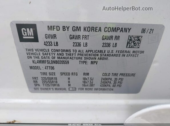 KL4MMFSL0NB020559 2022 BUICK ENCORE White ძრავის განყოფილების ხედი