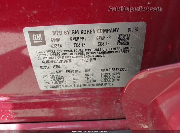 KL4MMFSL1LB120778 2020 BUICK ENCORE Красный Вид подкапотного пространства