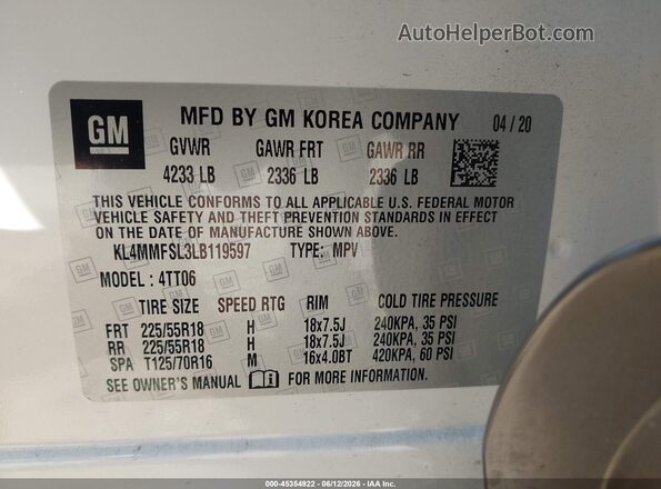 KL4MMFSL3LB119597 2020 BUICK ENCORE White Widok komory silnika