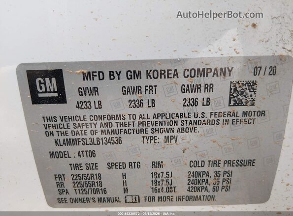 KL4MMFSL3LB134536 2020 BUICK ENCORE White Вид підкапотного простору