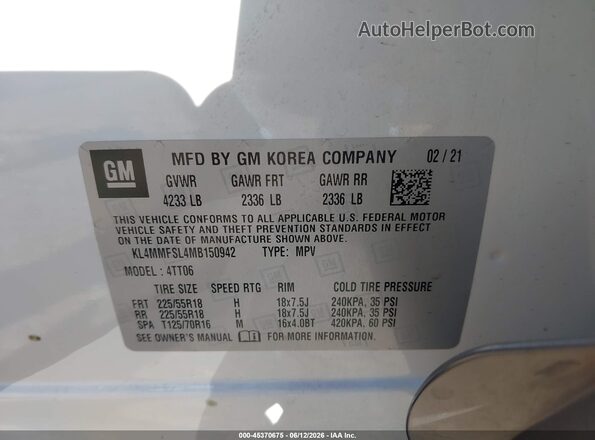 KL4MMFSL4MB150942 2021 BUICK ENCORE White ძრავის განყოფილების ხედი