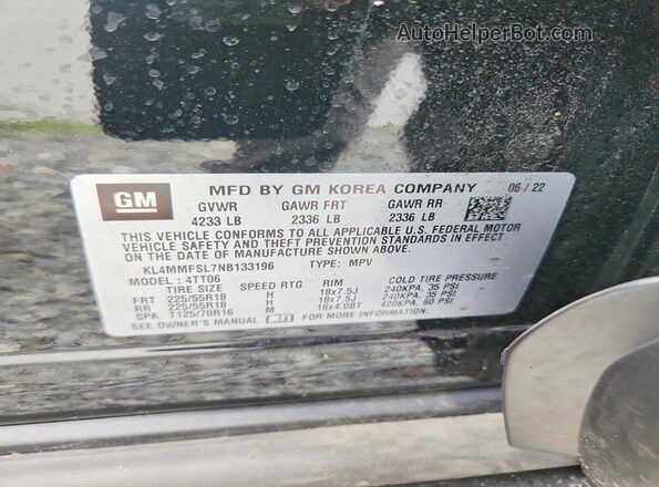 KL4MMFSL7NB133196 2022 BUICK ENCORE Black Widok naklejki z numerem VIN