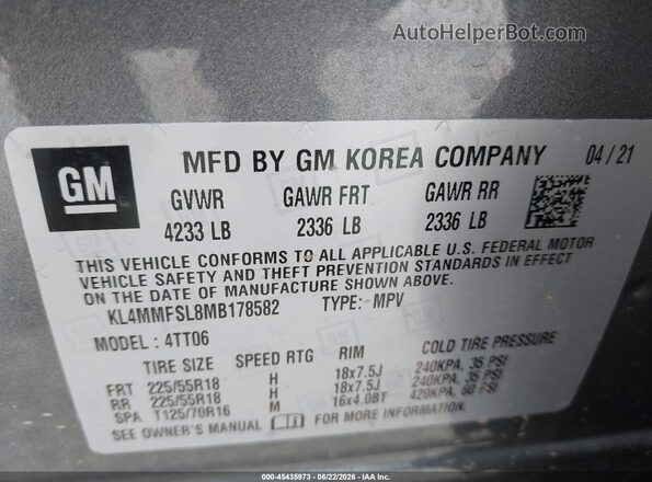 KL4MMFSL8MB178582 2021 BUICK ENCORE Gray Շարժիչի բաժամունքի տեսք