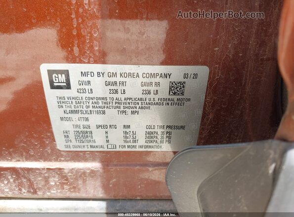 KL4MMFSLXLB116938 2020 BUICK ENCORE Orange ძრავის განყოფილების ხედი
