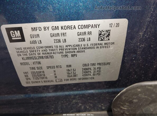 KL4MMGSL2MB106783 2021 BUICK ENCORE Blue ძრავის განყოფილების ხედი