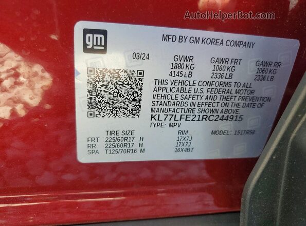 KL77LFE21RC244915 2024 CHEVROLET TRAX Red Widok naklejki z numerem VIN