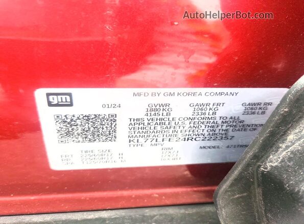 KL77LFE24RC222357 2024 CHEVROLET TRAX Burgundy Vista del compartimento del motor
