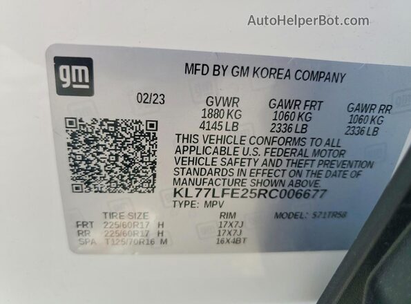 KL77LFE25RC006677 2024 CHEVROLET TRAX White Vista de la etiqueta del VIN