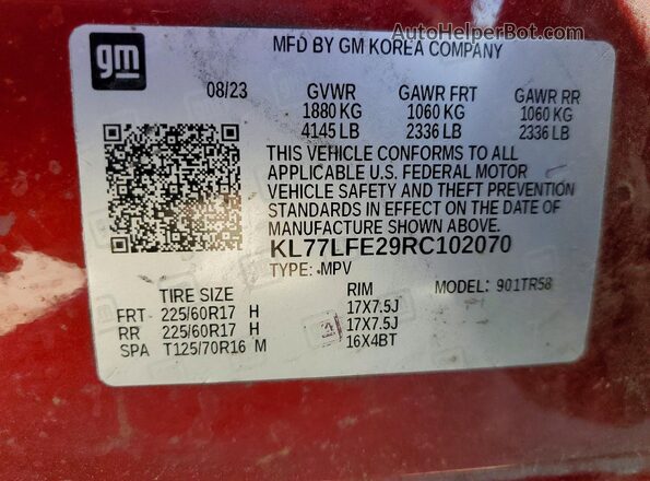 KL77LFE29RC102070 2024 CHEVROLET TRAX Темно-бордовый Вид наклейки с VIN-кодом