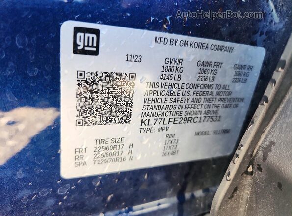 KL77LFE29RC177531 2024 CHEVROLET TRAX Blue 