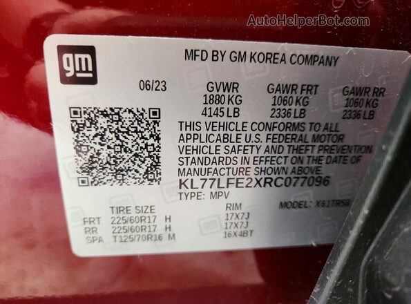 KL77LFE2XRC077096 2024 CHEVROLET TRAX Red VIN կոդի պիտակի տեսք