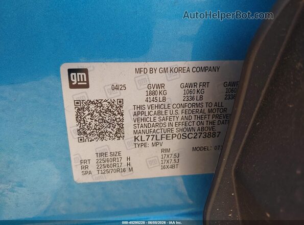 KL77LFEP0SC273887 2025 CHEVROLET TRAX Blue Vista del compartimento del motor