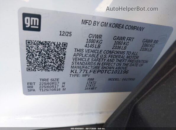 KL77LFEP0TC101196 2026 CHEVROLET TRAX White Widok komory silnika