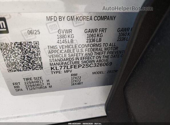 KL77LFEP2SC326069 2025 CHEVROLET TRAX White Вид підкапотного простору