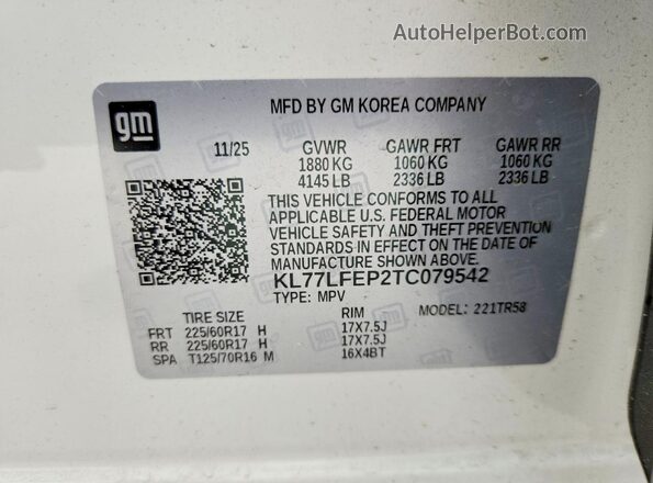 KL77LFEP2TC079542 2026 CHEVROLET TRAX Белый Вид наклейки с VIN-кодом