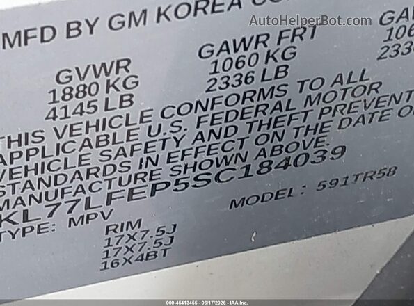 KL77LFEP5SC184039 2025 CHEVROLET TRAX White Vista del compartimento del motor