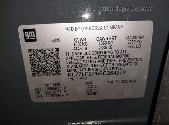 KL77LFEP6SC264272 2025 CHEVROLET TRAX Gray ძრავის განყოფილების ხედი