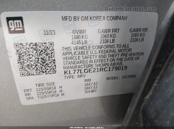 KL77LGE21RC179019 2024 CHEVROLET TRAX Gray Vista del compartimento del motor