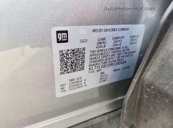 KL77LGE21RC245584 2024 CHEVROLET TRAX Gray VIN კოდის სტიკერის ხედი