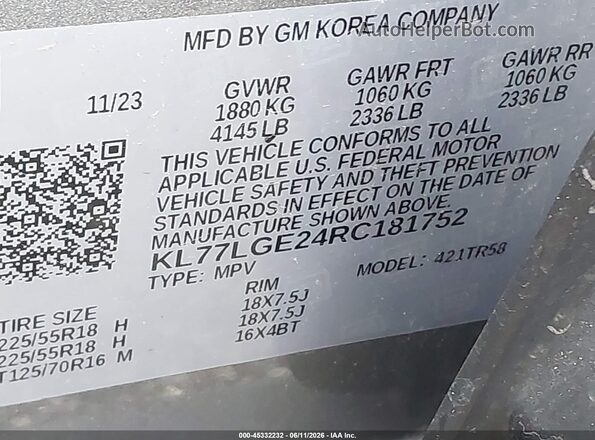 KL77LGE24RC181752 2024 CHEVROLET TRAX Gray Вид підкапотного простору