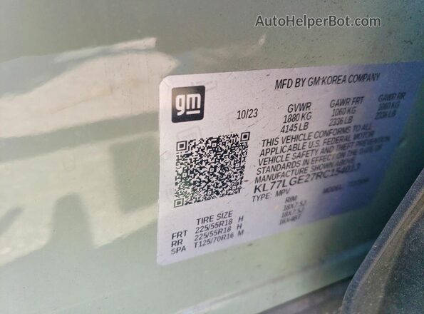 KL77LGE27RC154013 2024 CHEVROLET TRAX Green Widok naklejki z numerem VIN