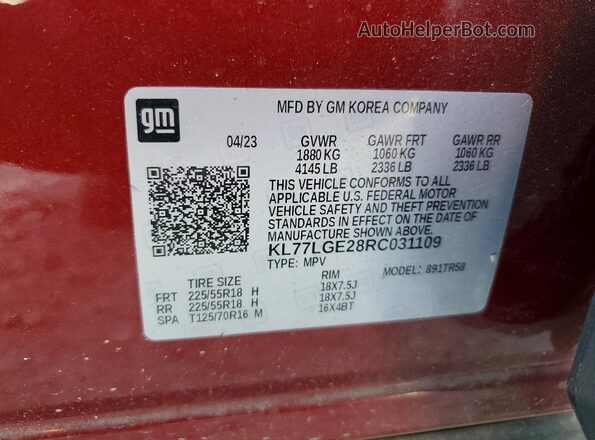 KL77LGE28RC031109 2024 CHEVROLET TRAX Red Vista de la etiqueta del VIN